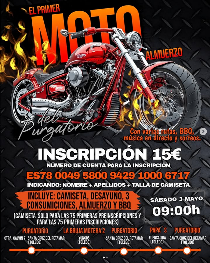 PRIMER ALMUERZO PURGATORIO BIKER-BAR 2025 EN SANTA CRUZ DEL RETAMAR, TOLEDO EL SÁBADO 3 DE MAYO