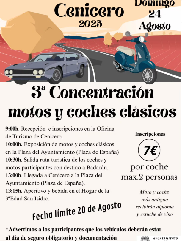 3ª CONCENTRACIÓN DE MOTOS Y COCHES CLÁSICOS EN CENICERO, LA RIOJA EL 24 DE AGOSTO 2025