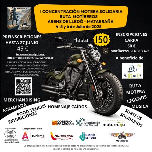 I CONCENTRACIÓN MOTERA RUTA MOTÍBEROS EN ARENS DE LLEDÓ, TERUEL EL 4, 5 Y 6 DE JULIO 2025