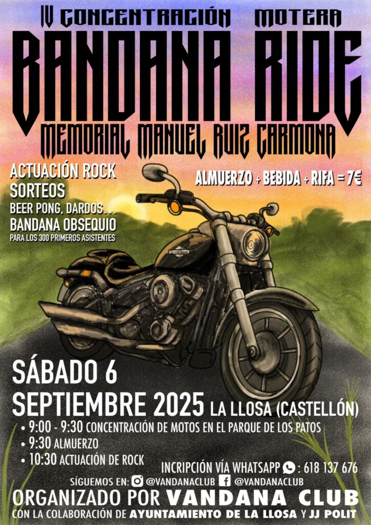 IV CONCENTRACIÓN MOTERA BANDANA RIDE EN LA LLOSA, CASTELLÓN EL 6 DE SEPTIEMBRE 2025