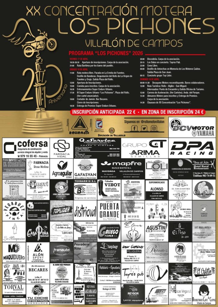 XX CONCENTRACIÓN MOTERA «LOS PICHONES» DEL 17 AL 19 DE ABRIL DE 2026, VILLALÓN DE CAMPOS, CASTILLA Y LEÓN