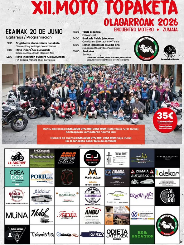 XII. MOTO TOPAKETA OLAGARROAK 20 DE JUNIO 2026 EN ZUMAIA, GUIPÚZCOA