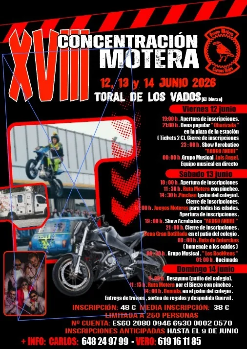 XVIII CONCENTRACION DE MOTOS «CUERVOS ROJOS» 12, 13 Y 14 DE JUNIO DE 2026 ,TORAL DE LOS VADOS, LEÓN