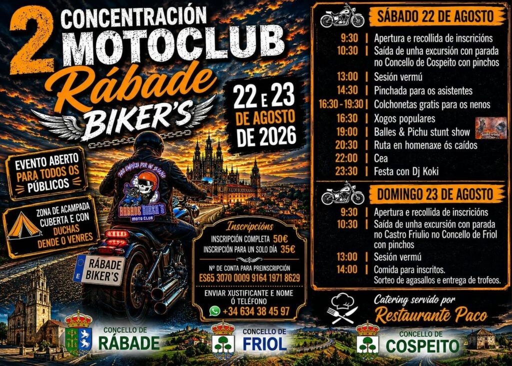 II CONCENTRACIÓN MOTERA RÁBADE BIKERS 2026 22 Y 23 DE AGOSTO RÁBADE, LUGO, GALICIA