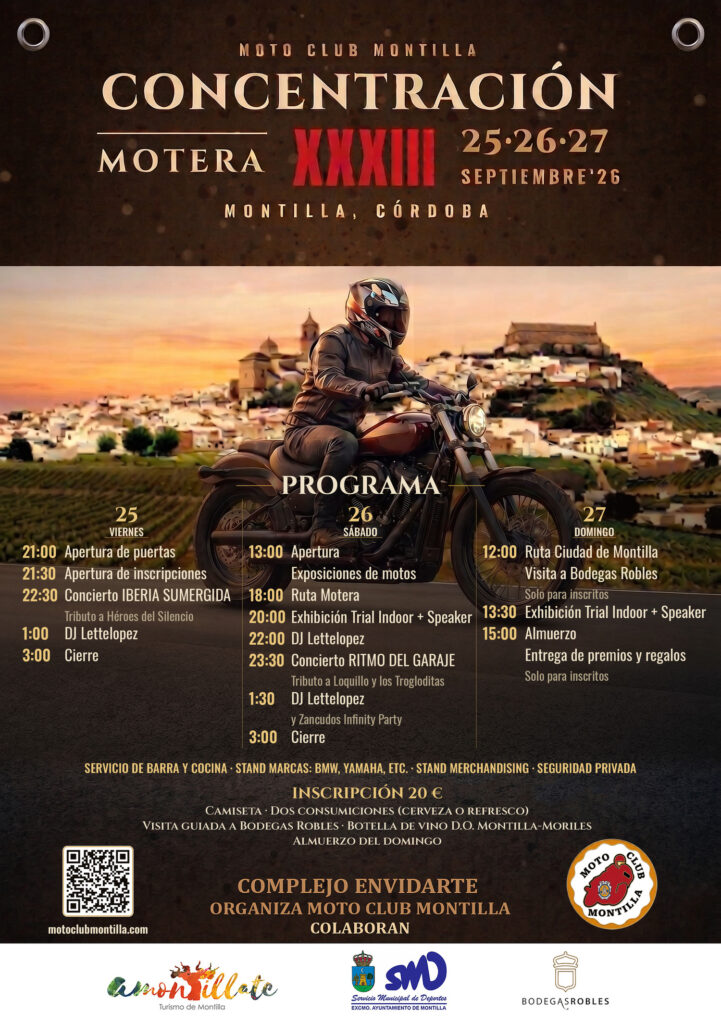 XXXIII CONCENTRACION MOTERA MONTILLA 25, 26 Y 27 DE SEPTIEMBRE DE 2026 EN MONTILLA, CÓRDOBA
